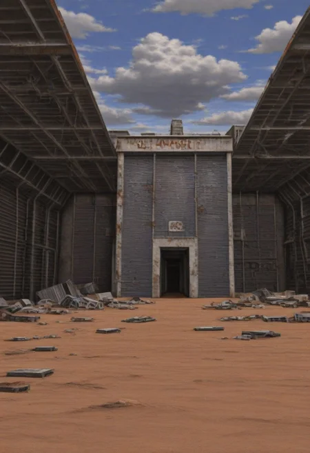 best quality, masterpiece, 
lowres, low quality, 
no humans, landscape, 
building, warehouse, industrial, sheet metal, rust, concrete, rubble, 
outdoors, desert, 
sky, clouds