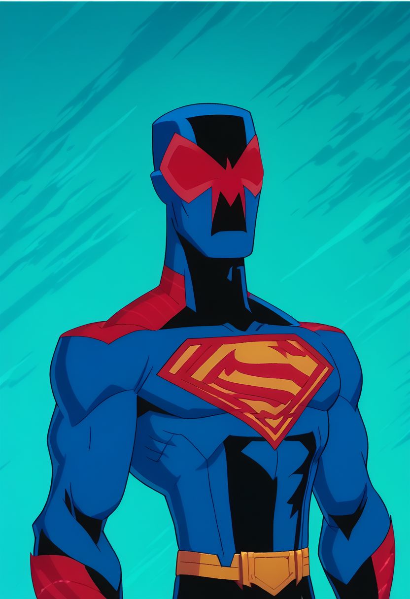 score_8, score_7, score_6, score_5,(masterpiece, best quality, amazing quality, abstract art background), ,cowboy shot, multi colored background,  wyatt, character focus, upper body visible, zoomed in medium shot, sm2099moh, 1boy, solo, male focus, mask, covered eyes, superhero, red bodysuit, blue bodysuit, multicolored clothes,