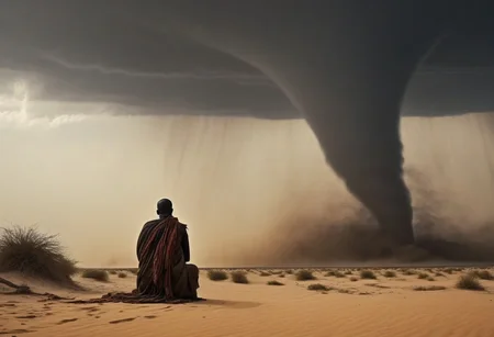 desert, day, sand storm, sand tornado,
 graphic style of novel comics,dark novel, 2d, 8k, hyperrealism, masterpiece, high resolution, best quality, ultra-detailed, super realistic, Hyperrealistic art, high-quality, ultra high res, highest detailed, lot of details, Extremely high-resolution details, incredibly lifelike, colourful, soft cinematic light,
giant tornado vortex,
back view, 
rear view of a shaman sitting on the sand, black skin, African,