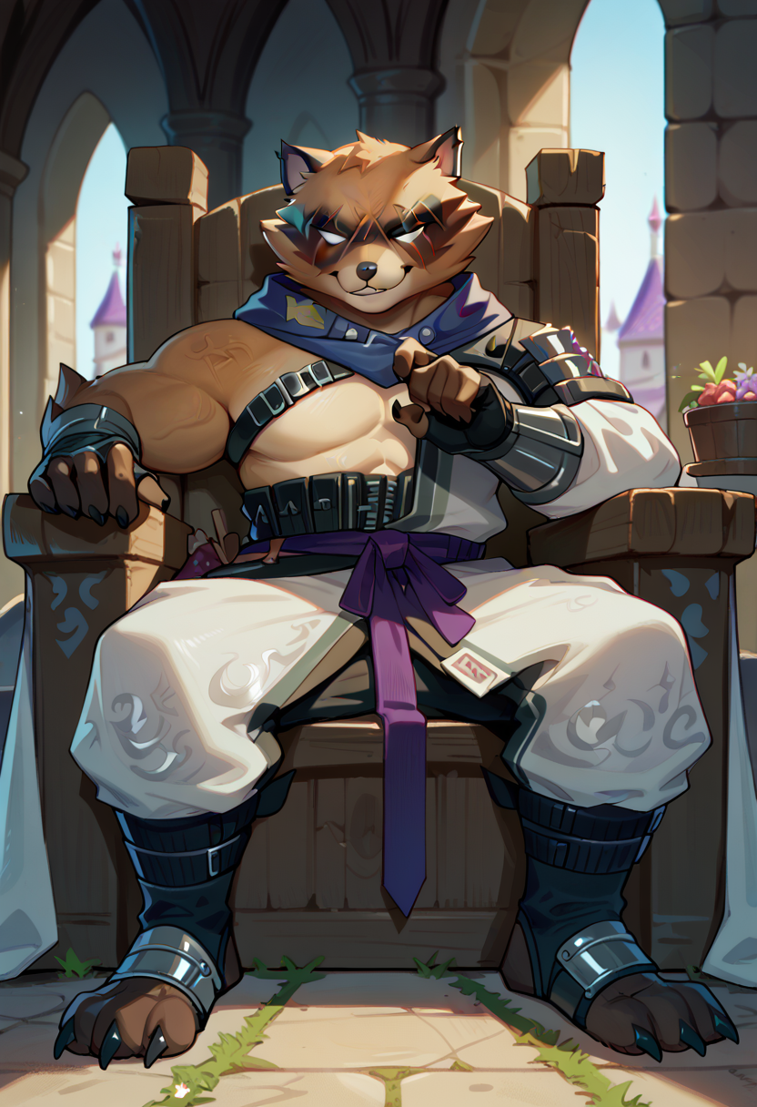score_9, score_8_up, score_7_up, hi res, high quality, h4j1me, fortnite, furry, 1boy, solo, bara, smug, sitting on stone throne, inside, medieval castle, detailed background, <lora:Hajime_Fortnite:1>