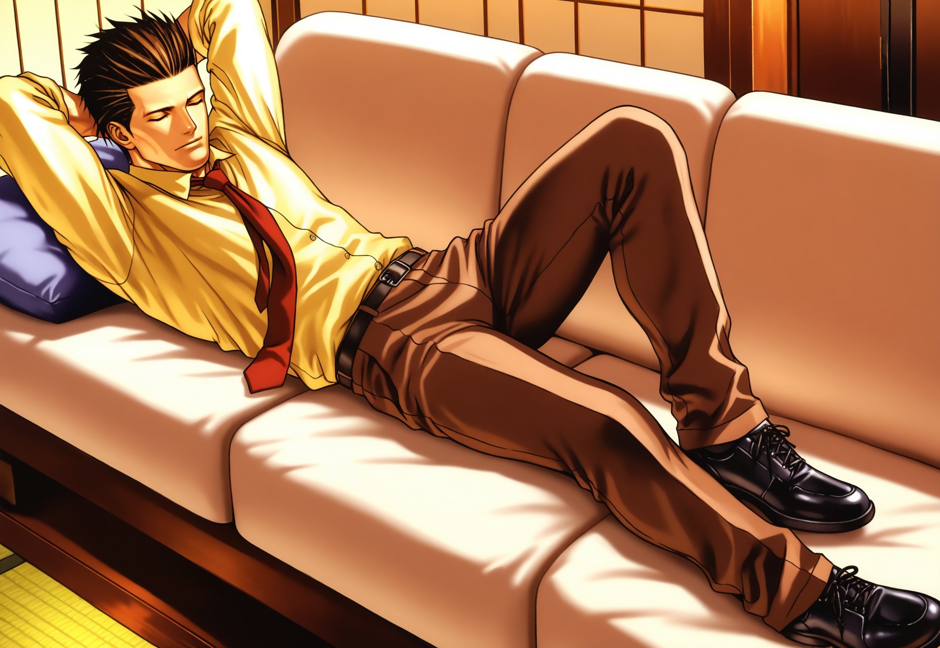 masterpiece, best quality, amazing quality, very aesthetic, absurdres, newest,jhunterilxl, 1boy, male focus, hair slicked back, brown hair, red necktie, yellow shirt, black shoes, toned male, brown eyes, mature male,  brown pants, dutch angle, futon sofa, futon, asleep, hands behind head, eyes closed
