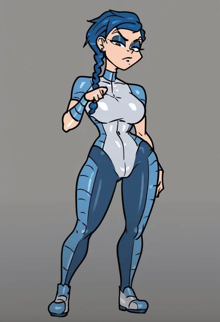 score_9, score_8_up, score_7_up, anna,
solo,1girl ,breasts, braid, blue hair, long hair, braid,great shading,,open eyes, eyeshadow, blue eyeshadow,makeup,, eyebrow piercing, piercing,
blue motosuit,
standing pose, looking at viewer, full body
gray background,