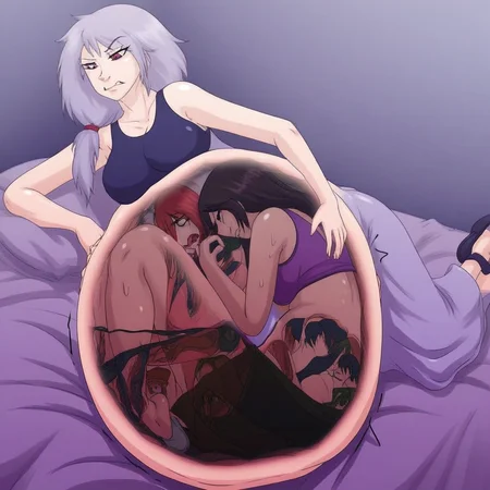 A woman lying in bed in her room, frowning as she holds her big belly, view inside belly. X ray vore.