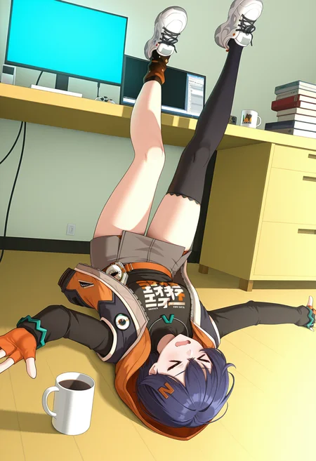 <lora:belle_illustrious-000038:1>,
belle,fingerless gloves,solo,thighhighs,lying,gloves,computer,on back,skirt,black thighhighs,sneakers,single thighhigh,shoes,socks,asymmetrical legwear,legs up,cup,white footwear,monitor,open mouth,mug,open clothes,indoors,jacket,single sock,long sleeves,shirt,on floor,full body,hairclip,controller,clothes writing,desk,orange gloves,open jacket,hood,upside-down,mismatched legwear,miniskirt,black shirt,black socks,table,outstretched arms,(>_<:1.4),closed eyes,wavy mouth,orange sock,