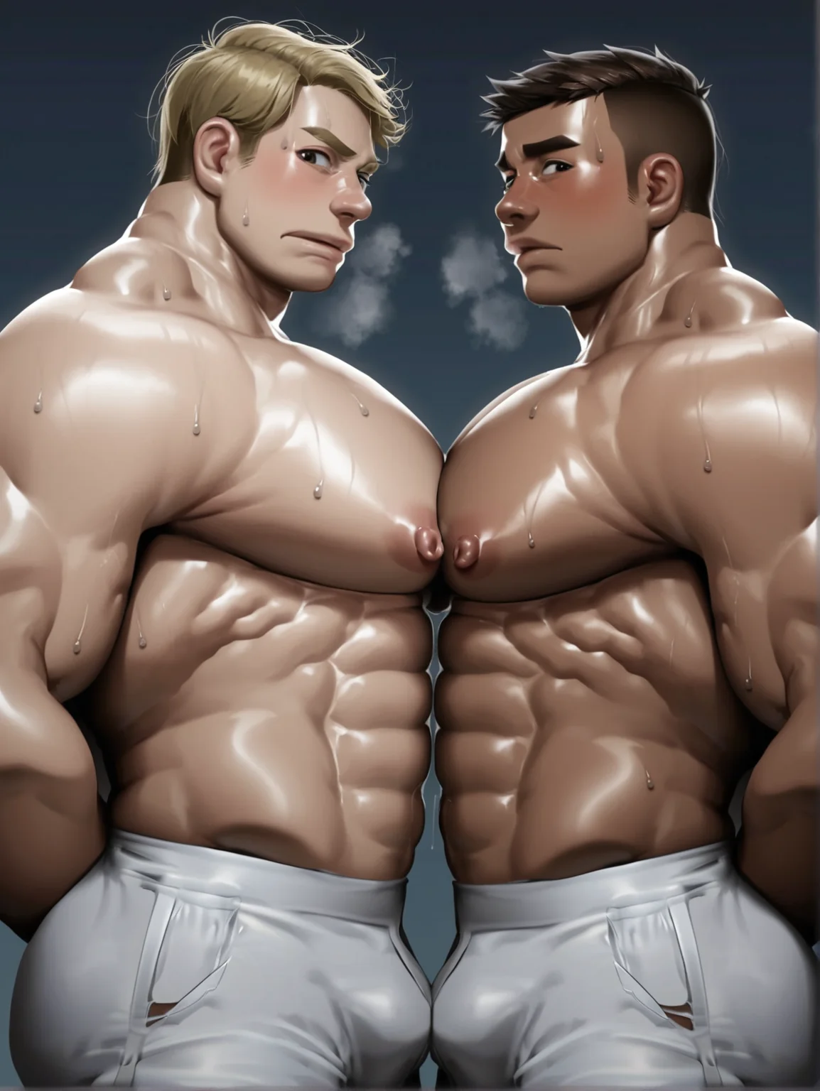<lora:takahirosi:1> 2boys, side view, pectoral docking, touching pectorals, topless male, embarrassed, large pectorals, looking at you, sweat, big pecs, interracial, arms behind back, brown hair, short hair, blonde hair BREAK score_9, score_8_up, score_7_up, score_6_up, score_5_up, score_4_up, white background