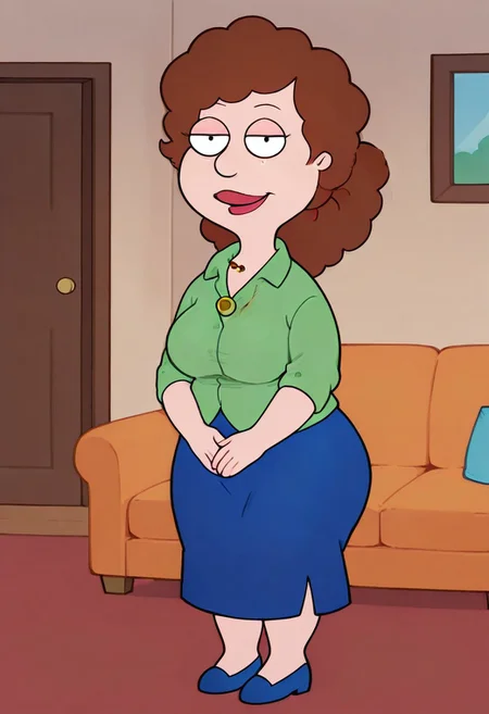 score_9, score_8_up, score_7_up, score_6_up, high quality, rounded eyes, style parody, cartoon style, 1girl, solo, living room, couch, indoors,
BREAK
unnamed girl, brown hair, black eyes, (mature female:1.5), (plump:1.2), large breasts, gigantic ass, gigantic hips, green sweater, rolled up sleeves, blue skirt, navy blue shoes, own hand together, smile, looking at viewer, long skirt, half-closed eyes, necklace,