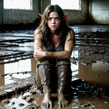 brunette cindyelfxl <lora:cindyelfxl:0.7> large pointed:2 ears Cindy sitting in mud in the middle of a large empty warehouse
