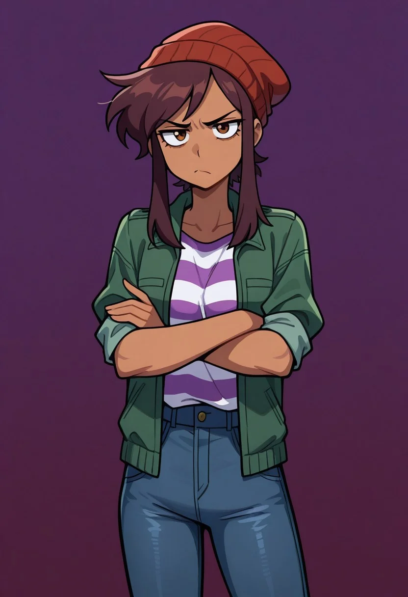 masterpiece, best quality, highres, BREAK, betaluz, 1girl, solo,dark-skinned female, brown eyes, brown hair, short hair, long bangs, red beanie, green jacket, open jacket, striped shirt, jeans, annoyed, looking at viewer, furrowed brow, frown, crossed arms, standing, cowboy shot