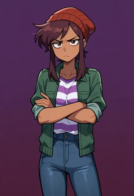 masterpiece, best quality, highres, BREAK, betaluz, 1girl, solo,dark-skinned female, brown eyes, brown hair, short hair, long bangs, red beanie, green jacket, open jacket, striped shirt, jeans, annoyed, looking at viewer, furrowed brow, frown, crossed arms, standing, cowboy shot