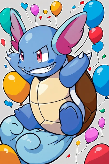 score_9, score_8_up, score_8, <lora:WartortlePokedexPDXL:1.0>, zzWartortle, no humans, panicked expression, floating away holding too many balloons, comically oversized shell, tiny bird pecking one balloon, clear sky background, lighthearted atmosphere, exaggerated details ,embedding:zPDXL, <lora:SDXLFaeTastic2400:0.5>,