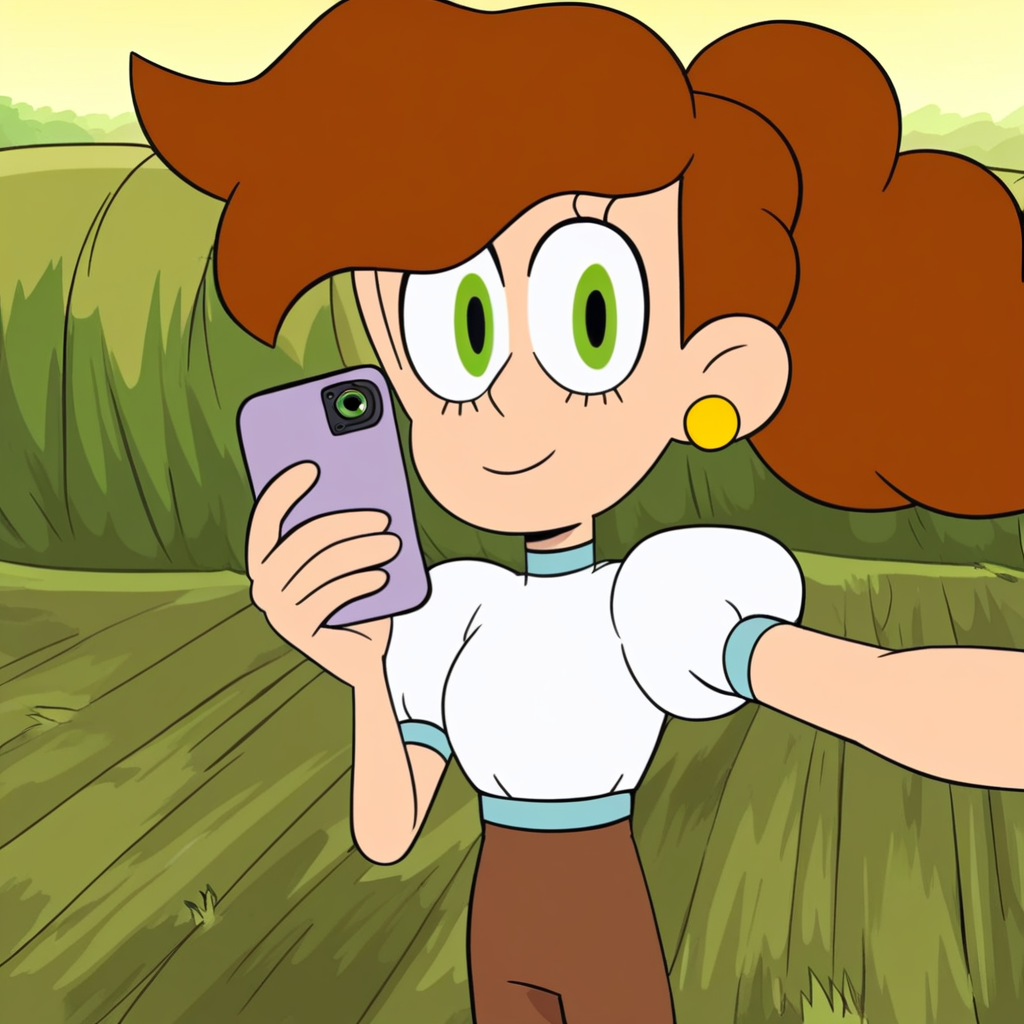 score_9, solo, melissa_cotc, brown hair, green eyes, ponytail, earrings, white shirt, puffy sleeves, brown pants, cute, selfie, outdoors