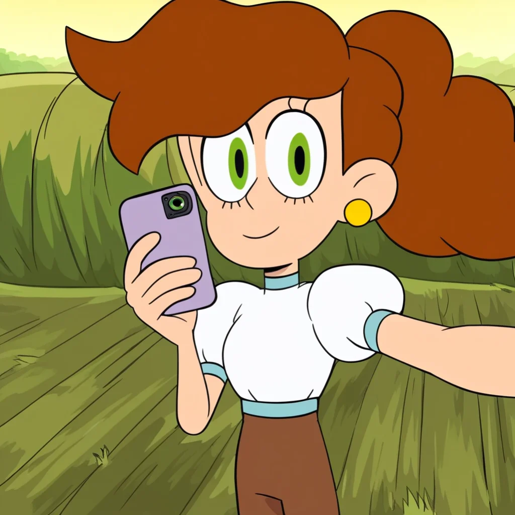 score_9, solo, melissa_cotc, brown hair, green eyes, ponytail, earrings, white shirt, puffy sleeves, brown pants, cute, selfie, outdoors