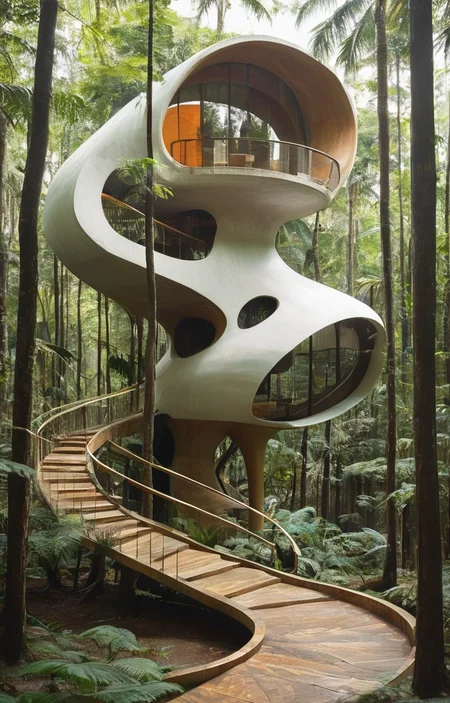 masterpiece,best quality,<lora:tbh313-sdxl:0.75>,illustration,designed by Oscar Niemeyer, Whimsical treehouse complex in a lush forest, channeling the spirit of Antoni Gaudí