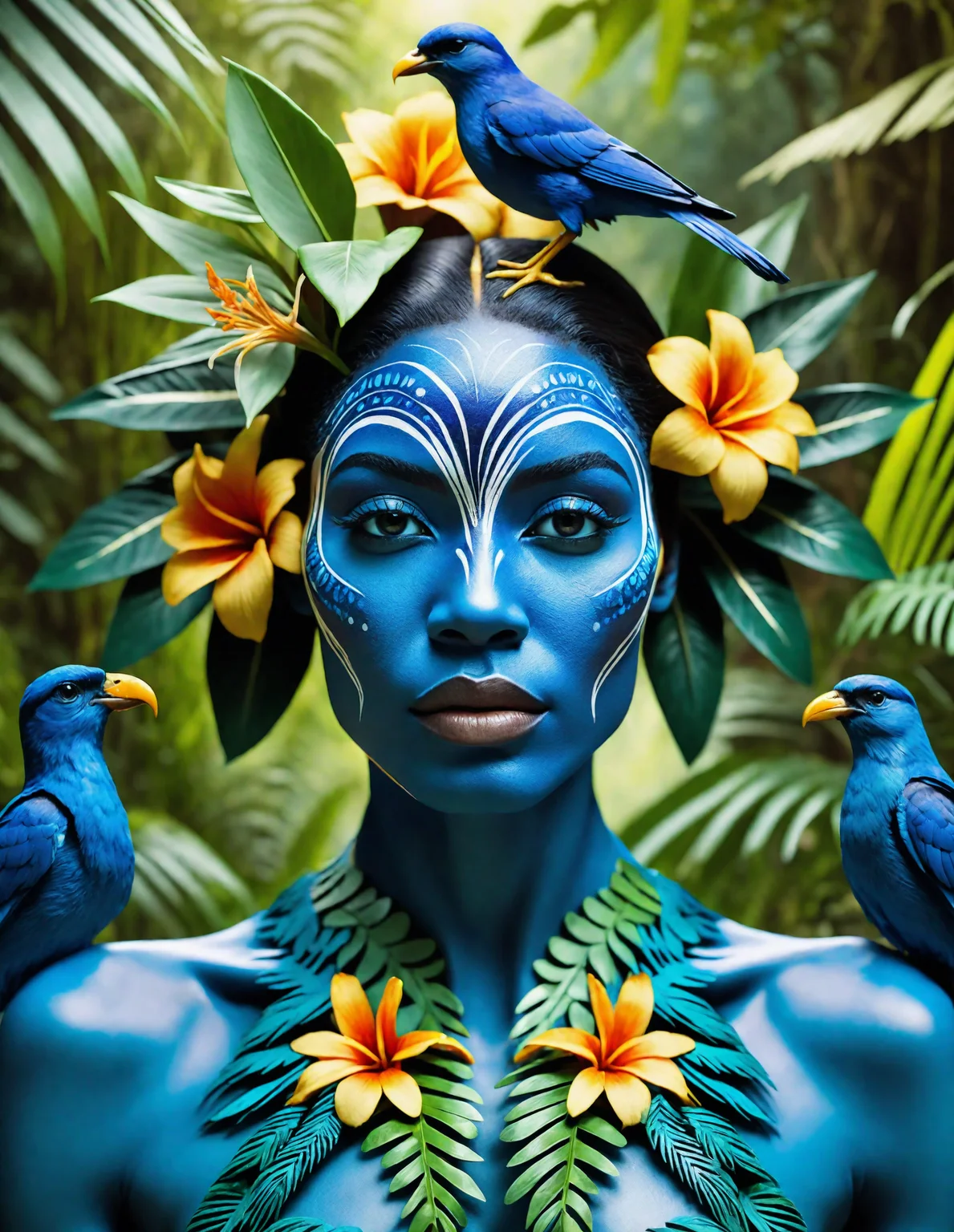 fashion photography portrait of blue human avatar, in blue lush jungle with flowers and birds, 3d render, cgi, symetrical, octane render, 35mm, bokeh, 9:16, (intricate details:1.12), hdr, (intricate details, hyperdetailed:1.15), (natural skin texture, hyperrealism, soft light, sharp:1.2)