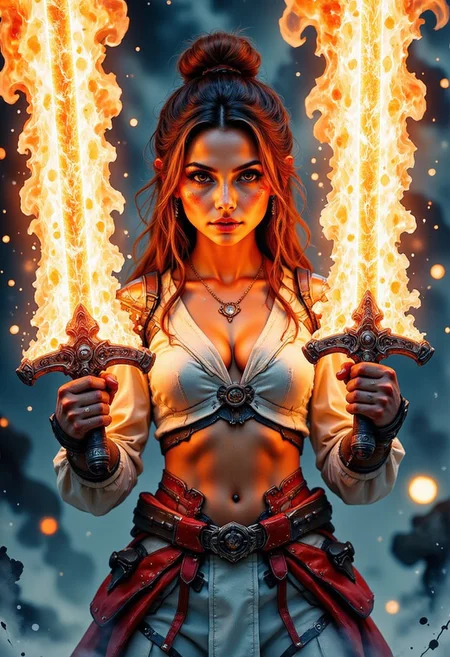Jedwtclr, watercolor art, a woman , holding two Jedfrsw swords of pure flame,