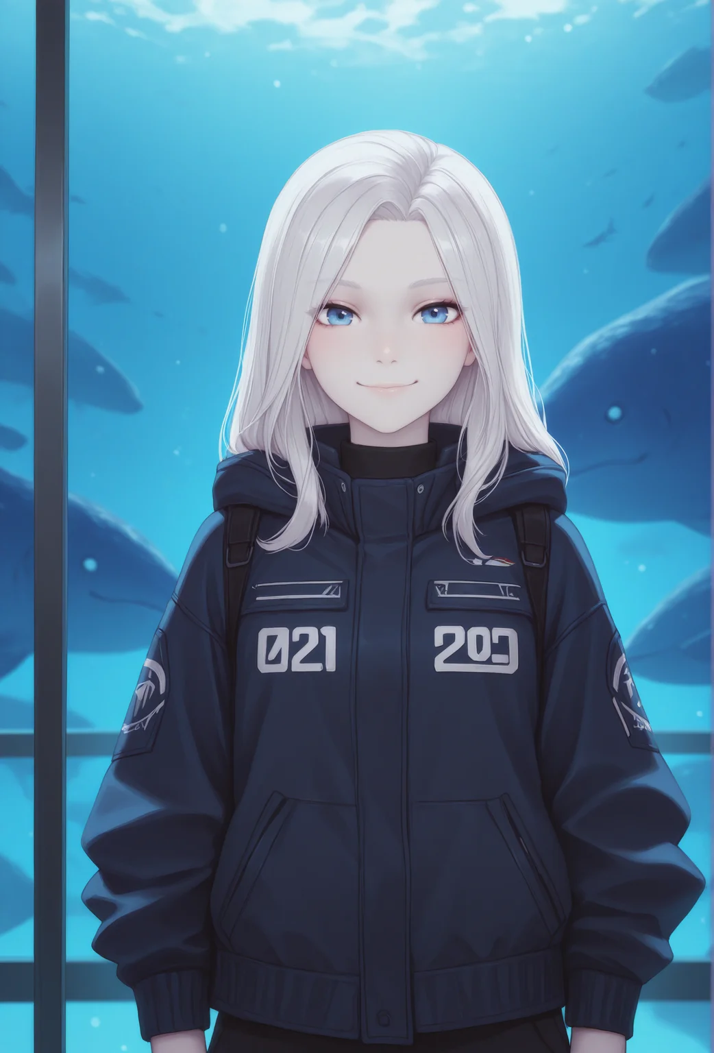 (masterpiece, best quality, very aesthetic, absurdres:1.2), 1girl, science fiction, aquarium, pale skin, white hair, straight-on, jacket, looking at viewer, smile, <lora:personalami_style_illustrious_v1:1> pamistyle