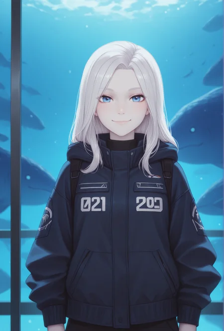 (masterpiece, best quality, very aesthetic, absurdres:1.2), 1girl, science fiction, aquarium, pale skin, white hair, straight-on, jacket, looking at viewer, smile, <lora:personalami_style_illustrious_v1:1> pamistyle