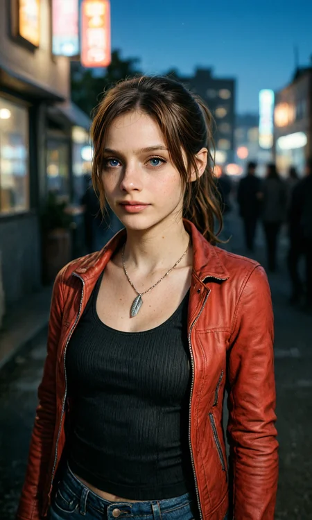 embedding:Stable_Yogis_Illustrious_Positives, 1990's amateur photograph, photorealistic, masterpiece, 1girl, solo, claire redfield, brown hair, blue eyes, parted bangs, ponytail, brown hair, red jacket, feather necklace, dark tank top, jeans, outdoors, night,<lora:claire_redfield_sdxl.safetensors:1.0:1.0>