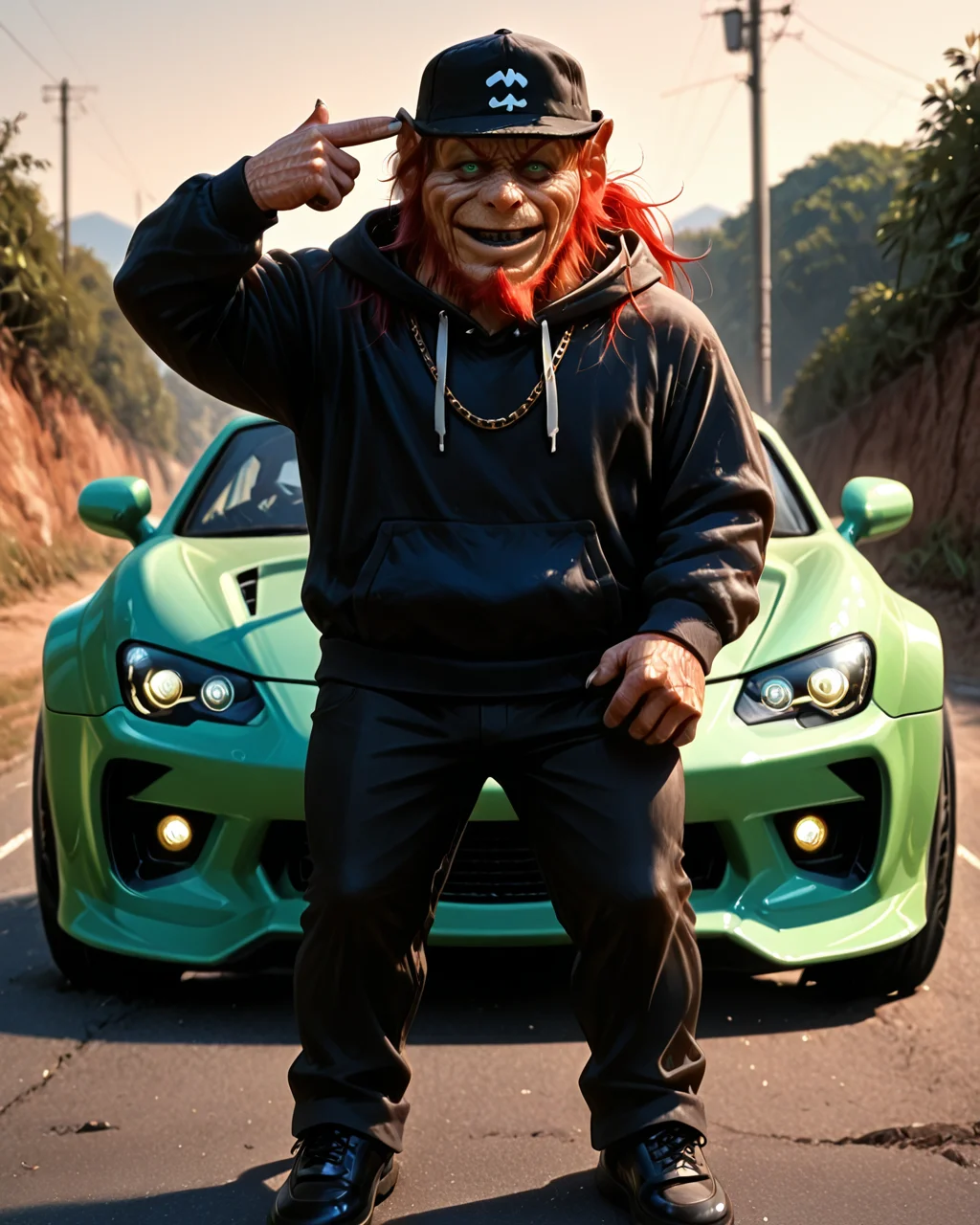 standing on the car, against the background of the car (sports car), finger gun to head, finger gun, (two fingers:1.3), <lora:Leprechaun_Illustrious:1>, Llepr3echa1un4, 1eprehau1_n, (nsfw:1.25), solo,boy wrinkled skin, gnome, (black hoodie:1.3), black baseball cap, black pants, black shoes, black teeth, black lips, long hair (ponytail), red hair, beard, green eyes, no human, horror movie, realistic, monster, horror (theme), male, angry smile, smug, <lora:hand 4:1>, cyberpunk style, (cyberpunk clothing:1.3), gold chain the neck