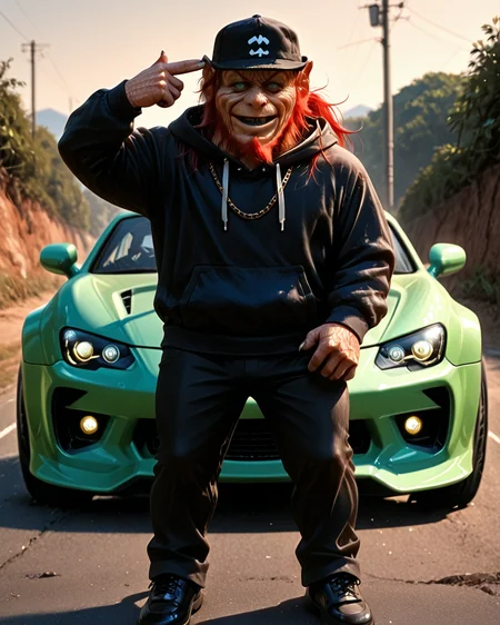 standing on the car, against the background of the car (sports car), finger gun to head, finger gun, (two fingers:1.3), <lora:Leprechaun_Illustrious:1>, Llepr3echa1un4, 1eprehau1_n, (nsfw:1.25), solo,boy wrinkled skin, gnome, (black hoodie:1.3), black baseball cap, black pants, black shoes, black teeth, black lips, long hair (ponytail), red hair, beard, green eyes, no human, horror movie, realistic, monster, horror (theme), male, angry smile, smug, <lora:hand 4:1>, cyberpunk style, (cyberpunk clothing:1.3), gold chain the neck