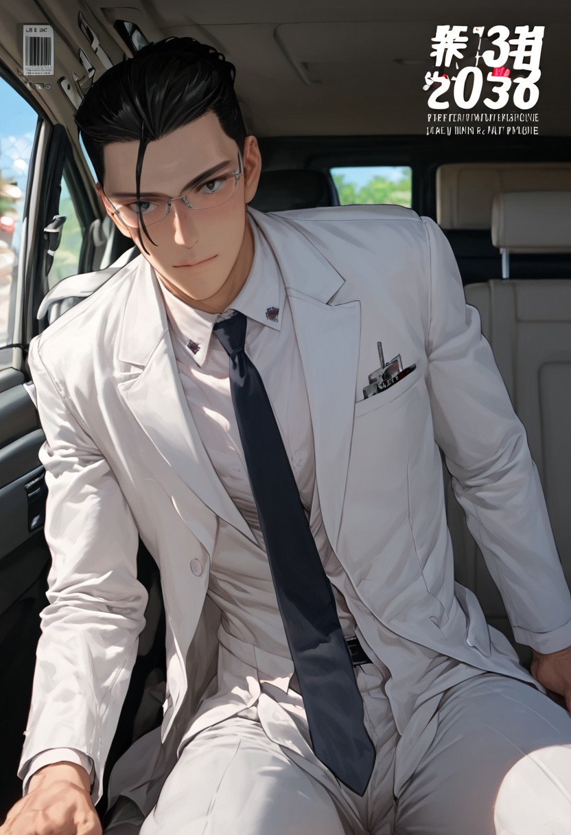 ((white limousine, indoor, inside a car, wedding, wedding magazine cover, wedding supermodel)), score_9, score_8_up, score_7_up, anime, 19 year old , ((1boy, solo)), male focus, slim toned male, Jinguuji, Tsukasa_Jinguuji, Black hair, One strand hair on forehead, black eyes, Pale skin, ((white shirt, tie, white coat tuxedo, white pants, long sleeved, full dressed formal, wedding costume)) ((white glasses)) pensive face, happy, come hither)),  muscular, athletic slim slender body, solo, cinematic color, highly detailed, best quality, best aesthetic, absurdres, refreshing, strong thighs, muscular legs, dynamic angle, 2d (((looking at viewer))) (((panoramic view:1.1))) ((tall)), 
score_9,score_8_up,score_7_up, source_anime, male focus, manly, tall, detailed eyebrow, sharp eyebrows, focus on thigh, bottom view, cowboy shot, from bottom view, tall, jock mature, hung, socks, slender,manly, tall, focus on thigh, (masculine, manly),