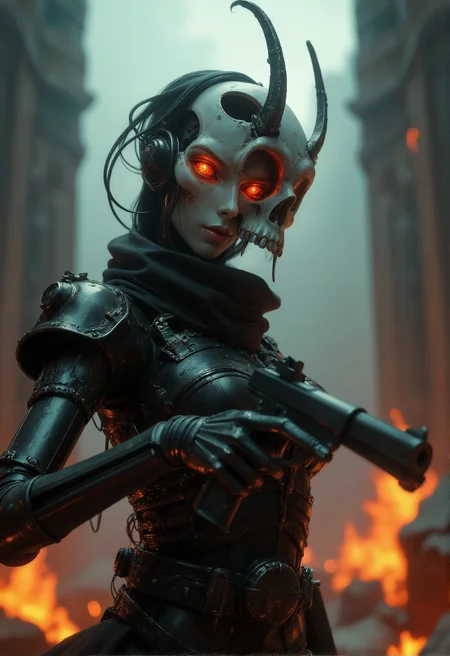 Baroque, gun in hand, pointed at the camera, Gun fire, dynamic motion. Beautiful female cyborg with white porcelain face and mechanical parts, wearing samurai armor in the style of Ghost in the Shell by Katsuhiro Otomo, with wires connected to their heads and necks, a foggy background, a cinematic shot, and cyberpunk aesthetics.
High quality 3D portrait rendering of a Ghoul guarding the gates of Hell. Burning hellish skull, sparkling red eyes. Slender tall body, highly detailed skeleton covered in rags. Highly detailed flames and fire on the background, dark fantasy horror, fantasy red dramatic and cinematic lighting, artstation, soft-focus, FOD, f/2.2.
<lora:flux.1_lora_flyway_Epic-detail_v2:0.5> <lora:Midjourney_-_SemiReal_Dreams_FLUX_LoRA:1> <lora:DarksunRIDDV3:0.3>, dramatic, exuberant, grandeur, baroque art