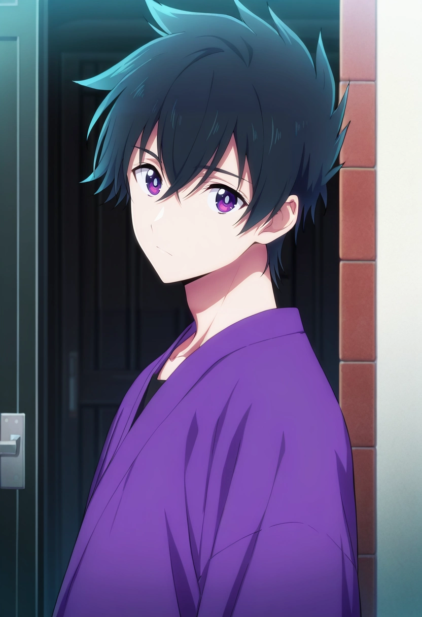 masterpiece, best quality, , , looking at viewer, 1boy, solo, male focus, <lora:ryuunosuke_minakata_ilxl:0.92>, ryuunosuke_minakata, black hair, purple eyes, short hair, bangs, hair between eyes,