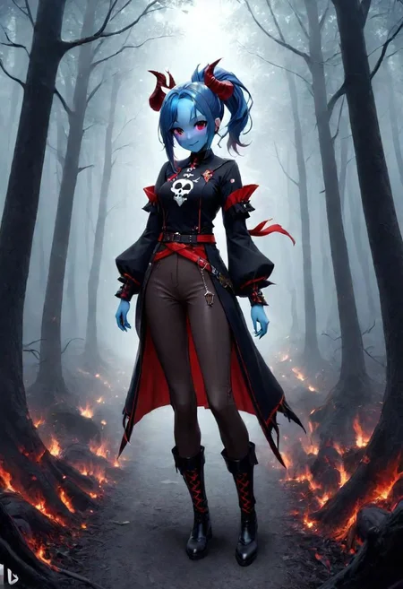 dark brown pants, highres,best quality,ponytail, full body,short height,happy,(purple eyes),photograph,realistic lighting,cute face,1girl,red tips on hair,red skin, fantasy world,in the forest, warlock,demon horns,skull logo, DonMD3m0nXL,blue skin:1.4, yellow eyes, anime style,blue flame,flames around hands,fantasy adventure outfit