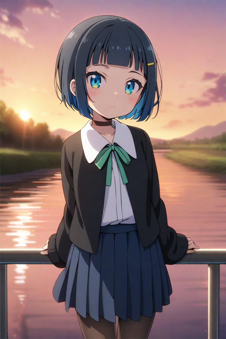 shinonome akira,1girl, solo, blue eyes, sleeves past wrists, skirt, shirt, jacket, blue skirt, closed mouth, choker, looking at viewer, white shirt, hair ornament, open clothes, black jacket, bangs, short hair, hairclip, ribbon, long sleeves, pleated skirt, open jacket, neck ribbon, green ribbon, collared shirt, black hair, blunt bangs, blue hair,shoes, pantyhose,outdoors,river, sunset, 
 <lora:shinonome akira A31 e1:0.75>