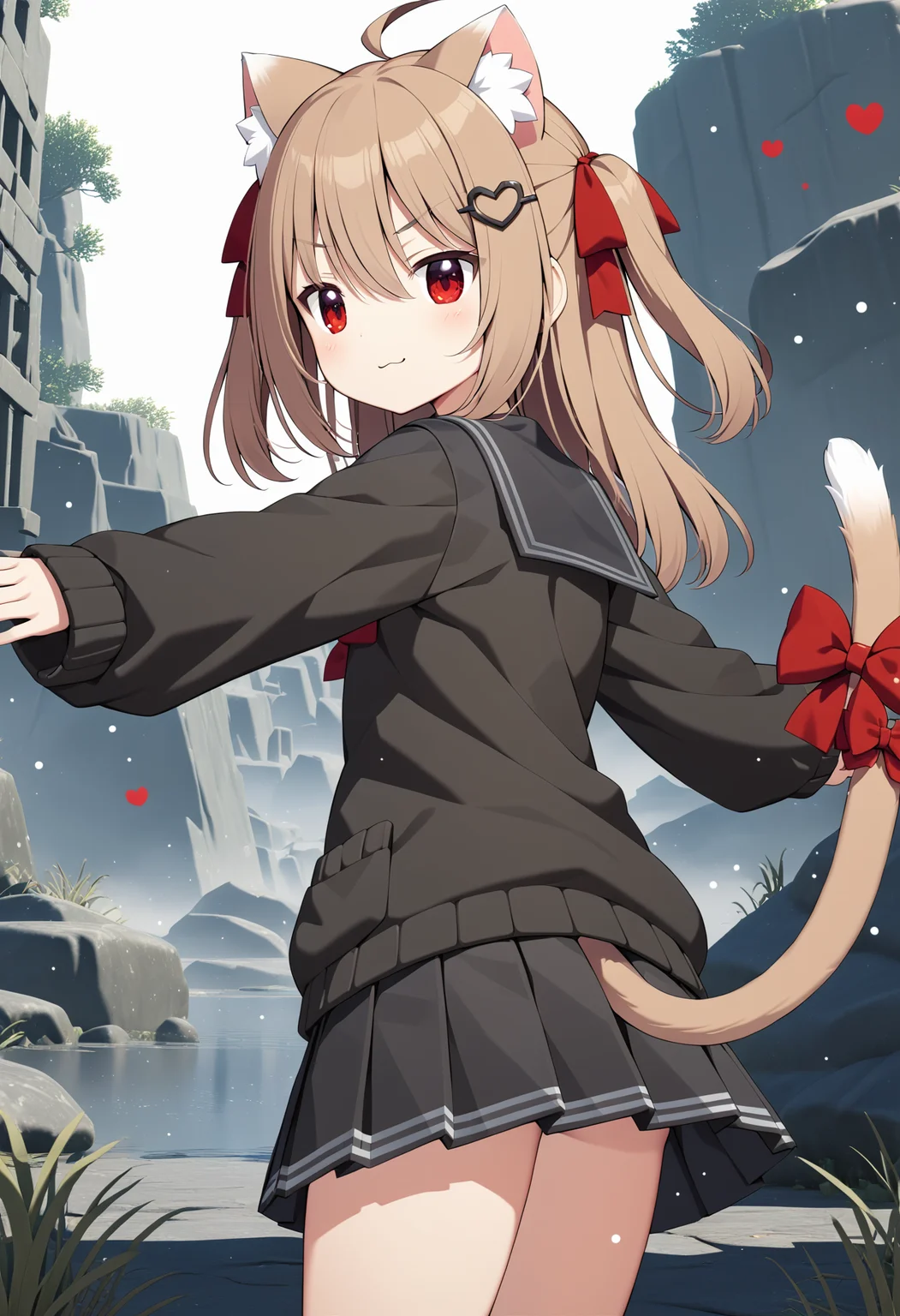 1girl, evil neuro-sama, (yuzu modoki), looking back, from behind, cowboy shot, cat ears, cat girl, cat tail, :3, tail bow, tail raised, black skirt, pleated skirt, red eyes, red bow, black sailor collar, black cardigan, dark red ribbon, hair ribbon, two side up, heart hair ornament, long sleeves, spread arms, light brown hair, natural lighting, (masterpiece, best quality), outdoors, detailed scenery, (3d render:0.7), highly detailed, finely detailed, ahoge <lora:neurosama_animaginexl_3-15:0.7>