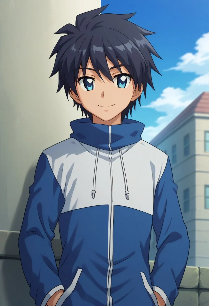 score_8_up, score_7_up, source_anime, highly detailed,
saitohiraga, solo, 1boy, male focus, hands in pockets, black hair, jacket, pants, upper body, standing, smile, long sleeves, blue eyes, smile
outdoor, sky,