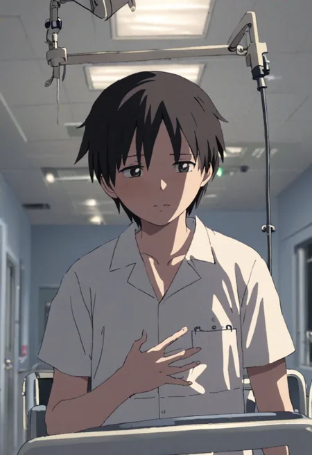 Highres, Masterpiece, High Quality, 4K, 8K, solo, 1Boy, Takaki Toono, adult, black hair, short hair, inpatient room, supine, patient, soft light, hospital, medical furniture, sleep, pale, infusion, tired, sick, uncomfortable, easynegative, detailed_eye_model