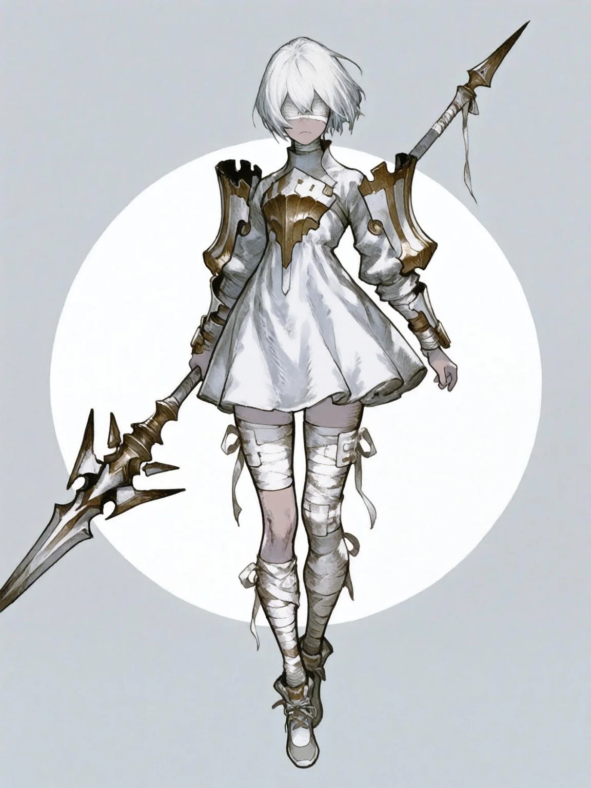 1girl, light skin, white hair, (short hair:1.1),serious expression,holding a large, stylized spear, (detailed clothing:1.2), light gray and white dress with segmented armor, bandages wrapped around legs, (accessories:1.1), (shoes:1.1), centered in frame, facing viewer,full body