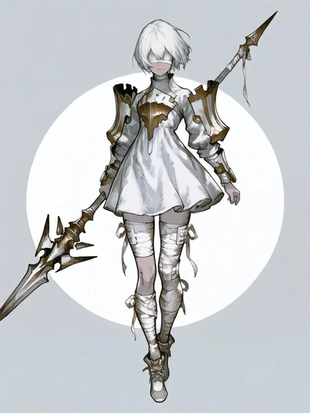 1girl, light skin, white hair, (short hair:1.1),serious expression,holding a large, stylized spear, (detailed clothing:1.2), light gray and white dress with segmented armor, bandages wrapped around legs, (accessories:1.1), (shoes:1.1), centered in frame, facing viewer,full body