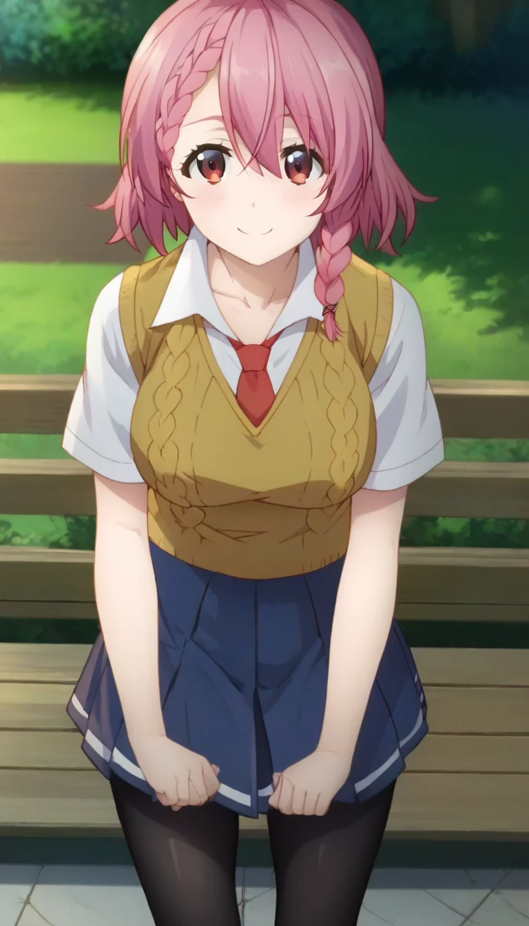score_9,score_8_up,score_7_up,score_6_up BREAK official art,solo,outdoors,cowboy shot,looking at viewer,facing viewer,smile,blush,Shirayuki Maihime,medium hair,pink hair,single braid,side braid,bangs,red eyes,collarbone,school uniform,yellow sweater vest,red necktie,white shirt,collared shirt,short sleeves,large breasts,miniskirt,blue skirt,pleated skirt,thighs,black pantyhose,loafers,brown footwear,<lora:Shirayuki Maihime(dhh)-Pony:1.8>,