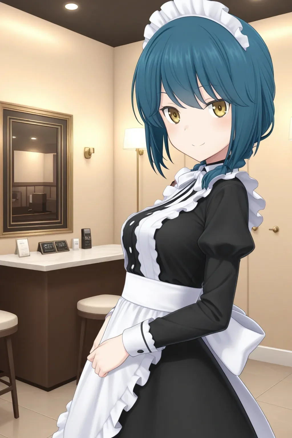 <lora:alicegear_mia_ilxl:0.9>masterpiece, best quality, alicegear_mia_ilxl, 1girl, solo, indoor, hotel, maid, smile, maid headdress, looking at viewer, from side
