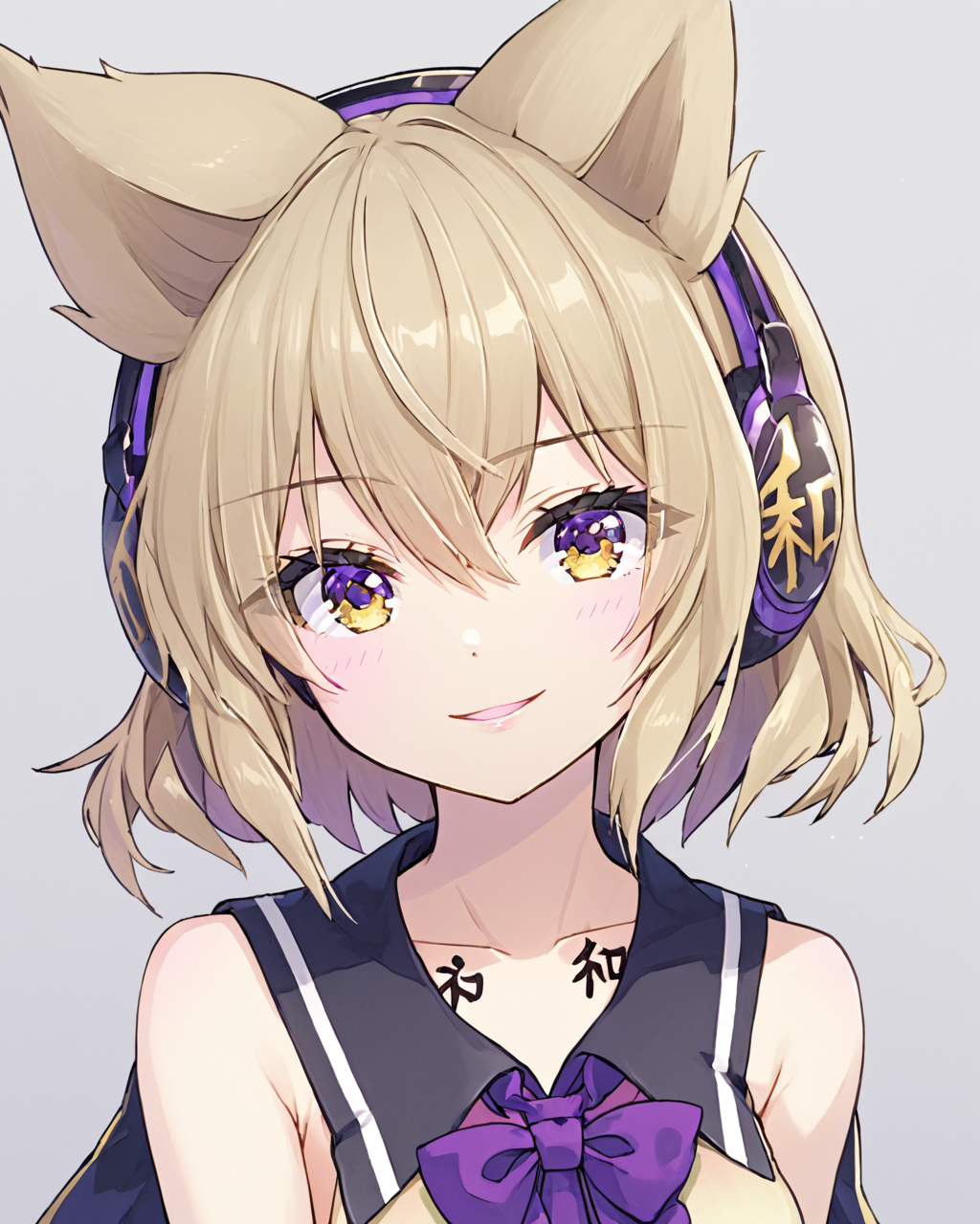 toyosatomimi no miko,1girl, solo, upper_body, earmuffs, looking_at_viewer, smile, simple_background, bare_shoulders, open_mouth, medium_breasts, sleeveless_shirt, chest_tattoo, grey_background, neck_ribbon, purple_bowtie, collarbone, lips
<lora:toyosatomimi_no_miko_image4798_2023-12-20-000009:1>,star-shaped_pupils,symbol-shaped_pupils,. gorgeous,key visual, vibrant, studio anime,award-winning, professional, highly detailed,high budget, cinemascope