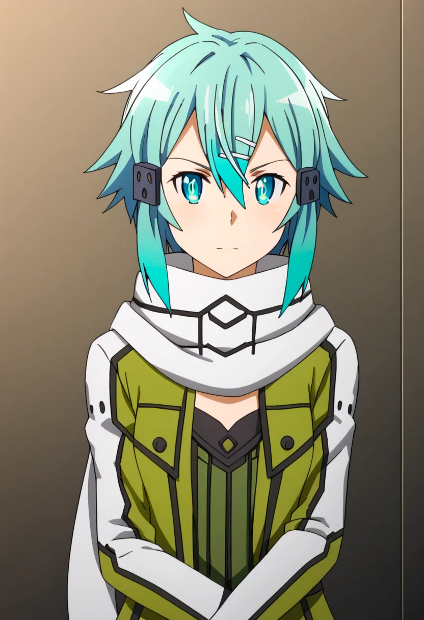 <lora:sinon:1> sinon, 1girl, solo, scarf, hair ornament, hairclip, blue hair