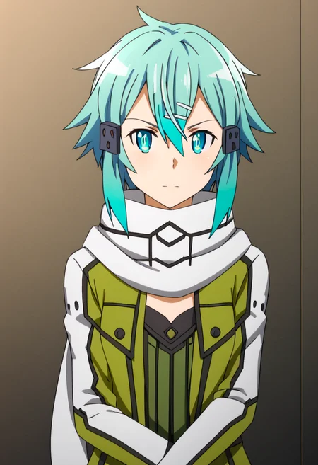<lora:sinon:1> sinon, 1girl, solo, scarf, hair ornament, hairclip, blue hair