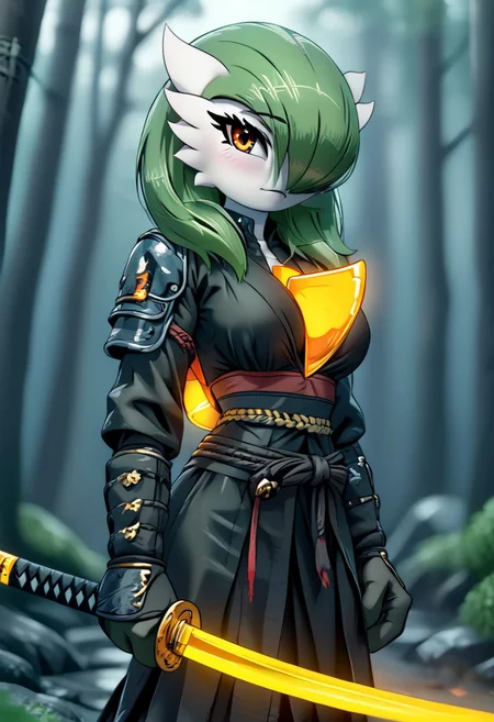 (((gardevoir))), female, anthro, masterpiece, ultimate detailed, tiny finnest details,
rilex lenov artstyle, Fierce japanese gardevoir warrior is holding a reflective shiny (sword:1.3) in front of her, (the light is reflected in the katana blade:1.6),, looking at viewer, close-up,