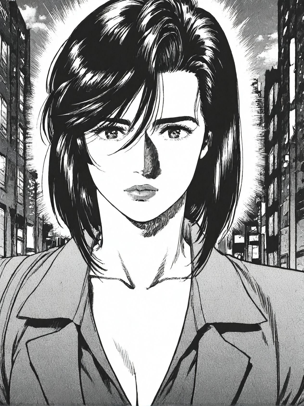 masterpiece, best quality, newest, absurdres, highres, detailed eyes, beautiful, detailed background, perfect eyes, anime coloring, anime screencap,
city hunter,official art, 
<lora:saeko_final_Z:1>,
saenog, greyscale, monochrome, large breasts, medium hair, lips,