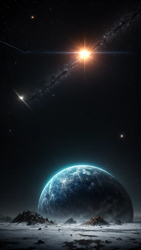 The starry sky, (detailed realistic background:1.33), ray tracing, BREAK
full shot, full body, full body view, BREAK
The final eclipse, 3D illustration of science fiction scene, astronaut viewing solar eclipse from mountain surrounded by asteroids in space, weightlessness
more stars, more ice
<lora:more_details:0.7>
<lora:epi_noiseoffset2:0.5>
<lora:DarkIncursioStyle:0.8>, ((masterpiece, best quality), ultra realistic 8k), UHD, HDR, high resolution, (cinematic look), cinematic lighting, soft cinematic light, cinematic bloom, soothing tones, insane details, abundant details, intricate details, hyperdetailed, photorealistic, realism pushed to extreme, incredibly lifelike, highest quality, detailed background, dramatic lighting, sharp focus, BREAK, ((intricate details)), hdr, ((intricate details, hyperdetailed)), extremely high-resolution details, BREAK