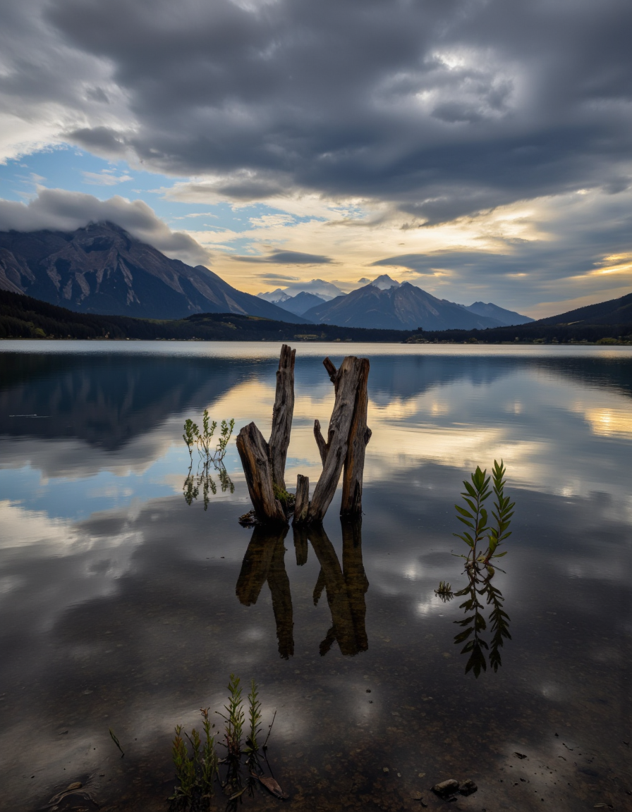 By Maria Isabel Ruiz. A long exposure shot from the side of a calm lake with a tree stump partially submerged in the water, surrounded by small plants. the lake is calm and still, reflecting the mountains in the distance, with a few clouds scattered across the sky. the sky is a mix of blue and gray hues, with some hints of orange and yellow, creating a serene atmosphere. the water is still and reflective, with the tree stump standing out in the center of the image. in the foreground, a small plant with leaves is partially submerged, adding a touch of greenery to the tranquil scene. the scene is peaceful and serene, with no other elements in sight. the overall effect is one of tranquility and serenity, making it a beautiful and captivating image.