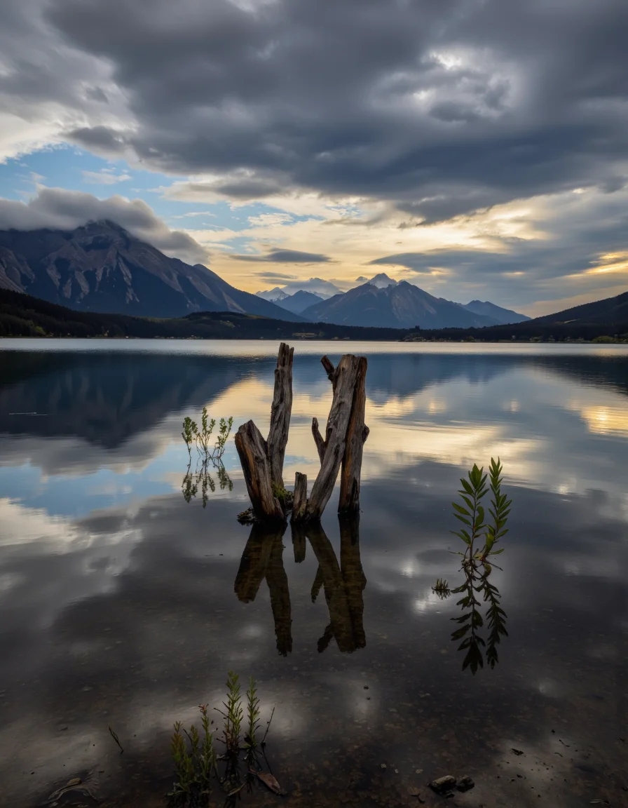 By Maria Isabel Ruiz. A long exposure shot from the side of a calm lake with a tree stump partially submerged in the water, surrounded by small plants. the lake is calm and still, reflecting the mountains in the distance, with a few clouds scattered across the sky. the sky is a mix of blue and gray hues, with some hints of orange and yellow, creating a serene atmosphere. the water is still and reflective, with the tree stump standing out in the center of the image. in the foreground, a small plant with leaves is partially submerged, adding a touch of greenery to the tranquil scene. the scene is peaceful and serene, with no other elements in sight. the overall effect is one of tranquility and serenity, making it a beautiful and captivating image.