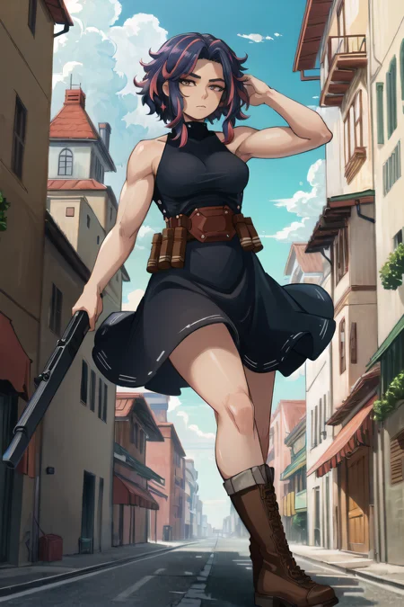 ((masterpiece, high quality, best quality, highres, ultra-detailed, 8k:1.4)), lady nagant, 1girl, solo, breasts, looking at viewer, skirt, large breasts, red eyes, dress, holding, hair between eyes, bare shoulders, closed mouth, weapon, boots, sleeveless, belt, black skirt, medium hair, holding weapon, gun, holding gun, muscular female, terrace, skyscraper,  <lora:Lady-10:1>