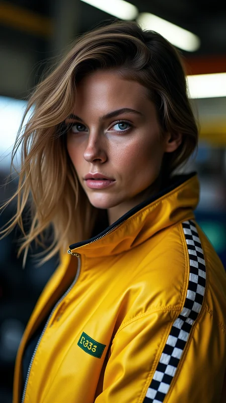 A professional photo shoot of a half body shot of a stunningly beautiful Caucasian 28 year old woman with shoulder length hair, the woman is wearing a yellow racing jacket with black and white checkered elements, she has natural skin with many fine skin details, the woman is standing in a mechanic's workshop and the wind is blowing her hair very, it's night and room is covered in neon colors, the focus of the camera is on her elegant and delicate face, (Crepuscular rays:1.5), <lora:breast-size4:-1.65> <lora:Dever_Flux_Enhancer:0.47> <lora:sameface2:-0.2> <lora:pose_dev_f1:0.95>