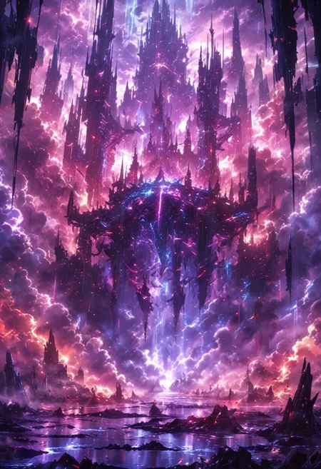 epic landscape city dark apocalyptic fantasy world river 
dramatic lighting, fog rain cloud blue purple red decay ruin spaceship