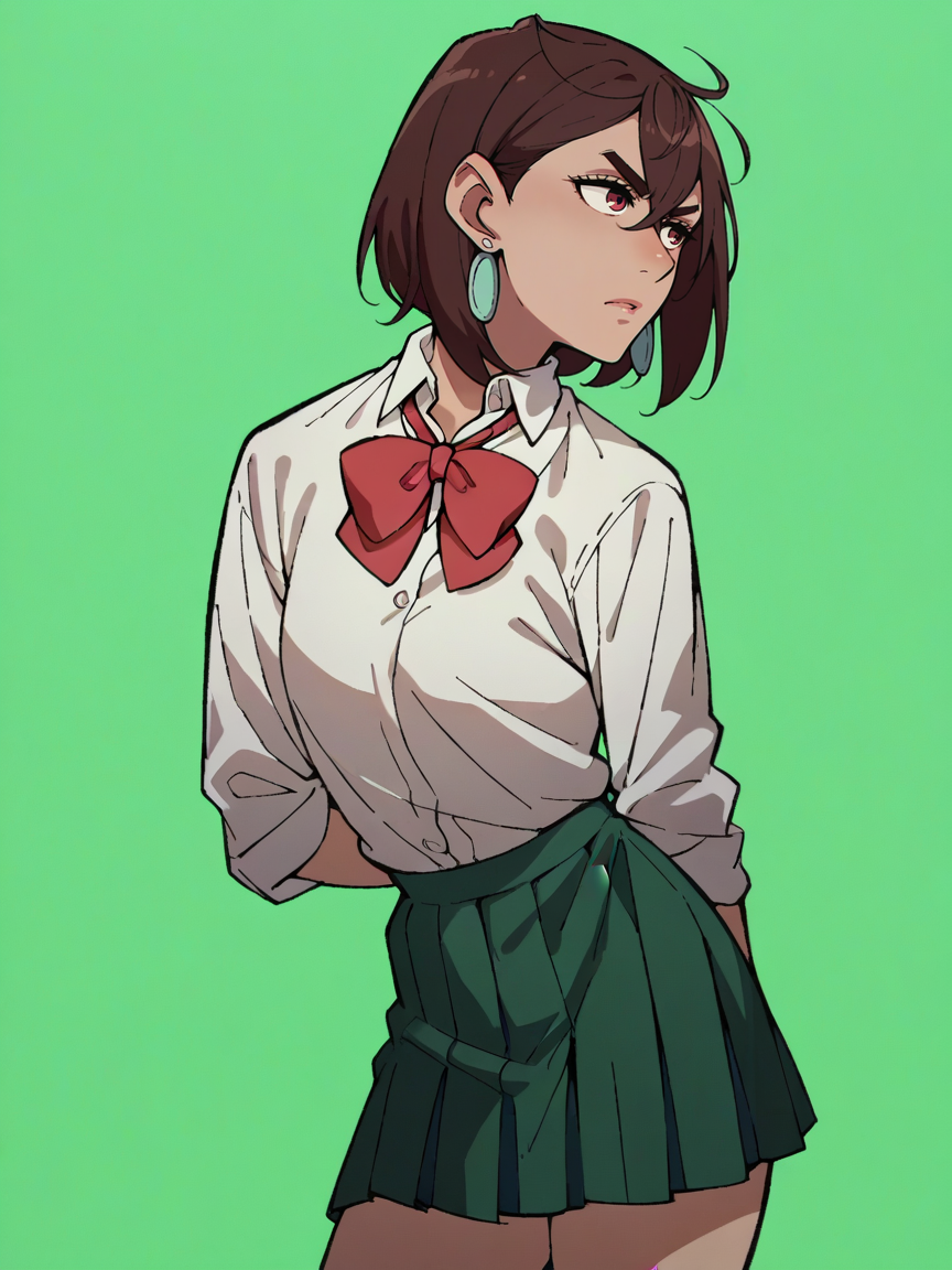 score_9, score_8_up, score_7_up, score_6_up, score_5_up,   <lora:dandadanXLP:1> dan, 1girl, brown hair, school uniform, green background
