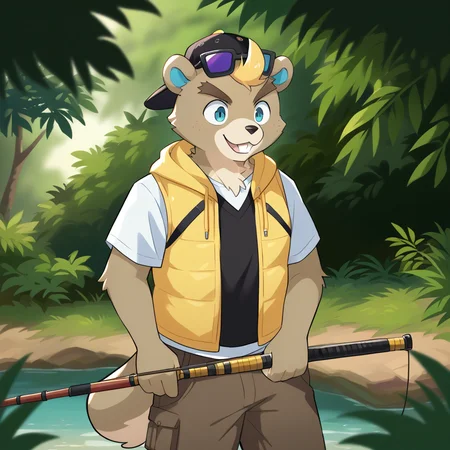 drawing, flat color, high quality, highres, good anatomy, detailed hands, detailed face, detailed fur, 2d, anime, ((source_furry, score_9, score_8_up, score_7_up, score_6),c.j.,blonde hair,baseball cap,backwards hat,eyewear on head,vest,open vest,hoodie, hood, furry, furry male, 1boy smile, happy, forest, jungle, fishing rod, fishing, lake