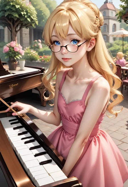 anime art. girl with blonde hair, blue eyes, glasses, flat chest, pink dress, garden, piano, restaurant, glasses